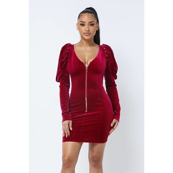 Red Velvet Puff Sleeve V neck Winter Dress - Picture 3 of 6